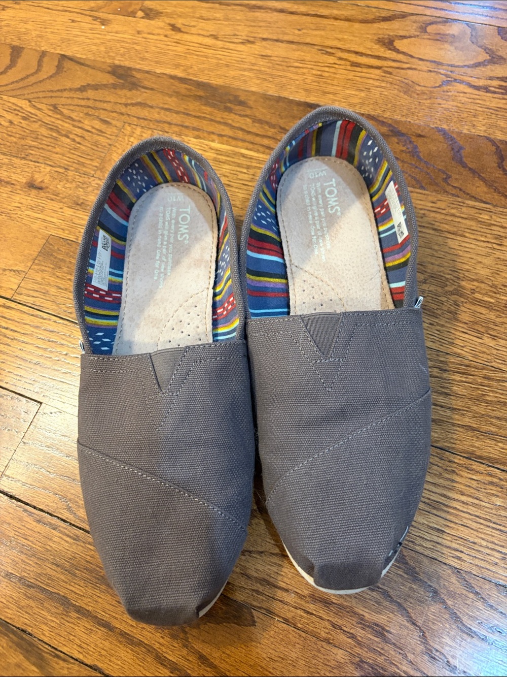 Toms Gray Canvas Slip-On Flats with Multicolor Stripe Lining